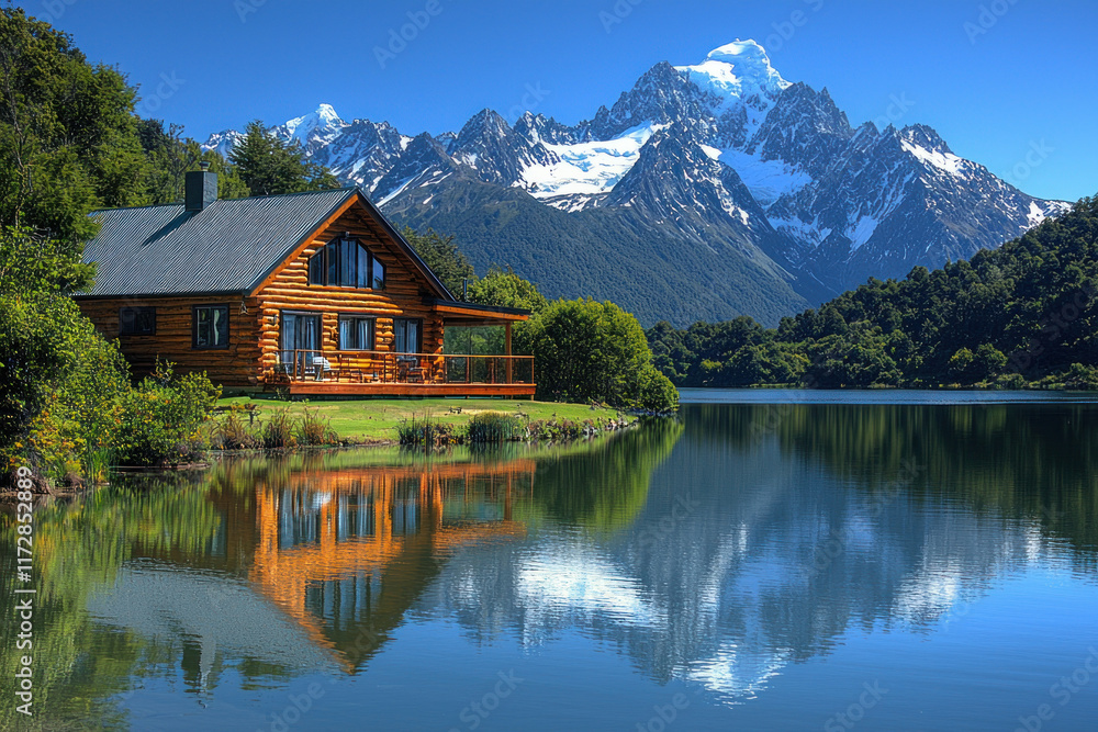 Fototapeta premium Lakeside cabin reflects in mountain lake with snowy peaks