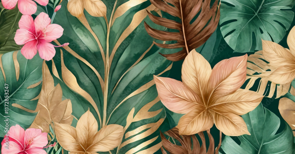 Tropical seamless border. Luxury illustration. Exotic green, beige, brown, pink, golden leaves.