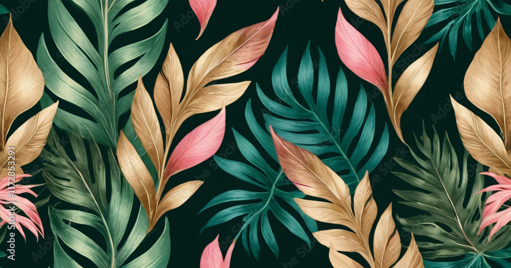Tropical seamless border. Luxury illustration. Exotic green, beige, brown, pink, golden leaves.