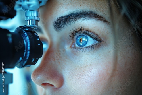 Vision eye exam, machine light and patient at eye care clinic for medical consultation, ocular healthcare or glaucoma test photo