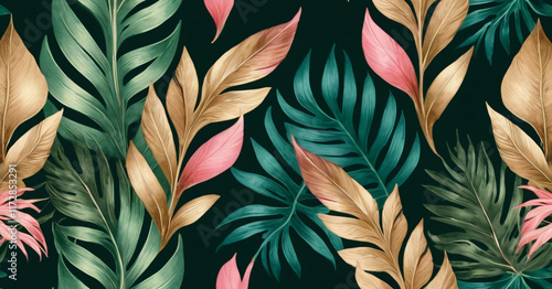 Obraz na płótnie Tropical seamless border. Luxury illustration. Exotic green, beige, brown, pink, golden leaves. w salonie