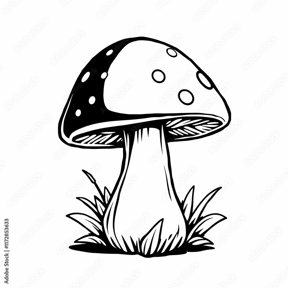 Mushroom in Grass: Line art illustration of a mushroom growing in the grass. A simple, elegant design perfect for nature-themed projects. Mushroom in Grass: Line art illustration of a mushroom growing in the grass. A simple, elegant design perfect for nature-themed projects.