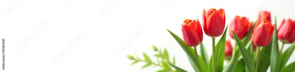 A bright red tulip nestled among lush green leaves against a white background, botanical, flora, red tulip A bright red tulip nestled among lush green leaves against a white background, botanical, flora, red tulip
