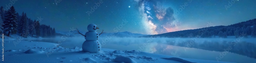 A lone snowman in the frozen lake under a starry sky, foggy, stars A lone snowman in the frozen lake under a starry sky, foggy, stars