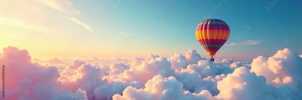 Obraz premium Abstract background with a colorful hot air balloon in the distance, clouds, colorful hot air, sky