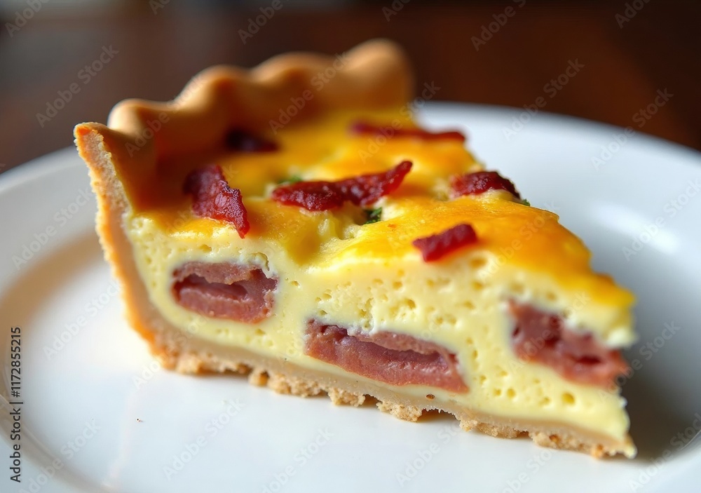 Delicious slice of savory breakfast quiche with crispy bacon on a white plate Delicious slice of savory breakfast quiche with crispy bacon on a white plate