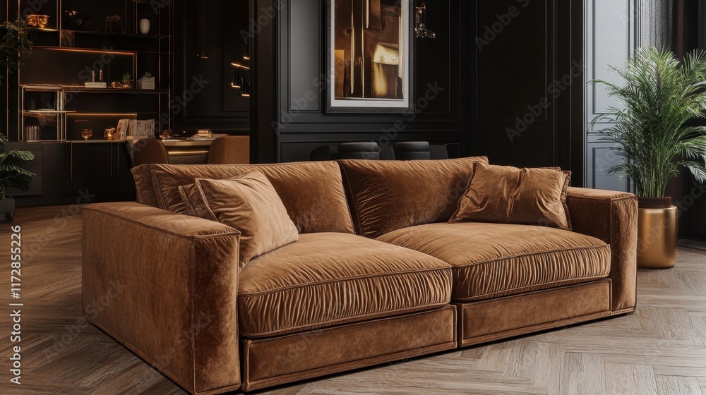 Fototapeta premium Luxurious brown velvet sofa in modern stylish interior setting