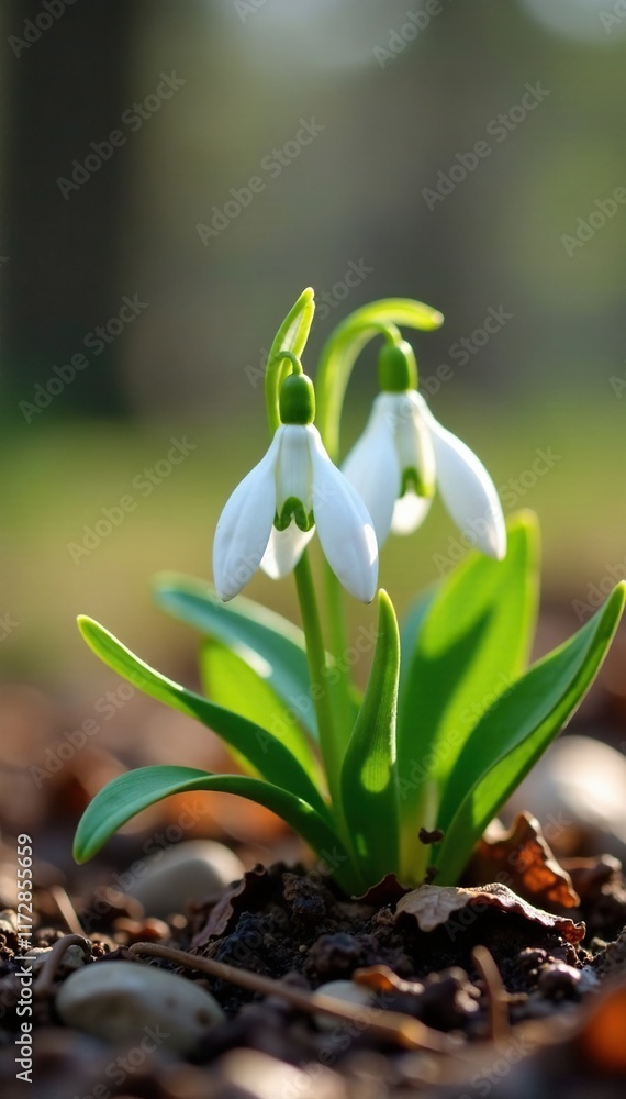 Fototapeta premium Delicate snowdrop flowers poking through dry, brittle leaves, landscape, snowdrop, flowerpower