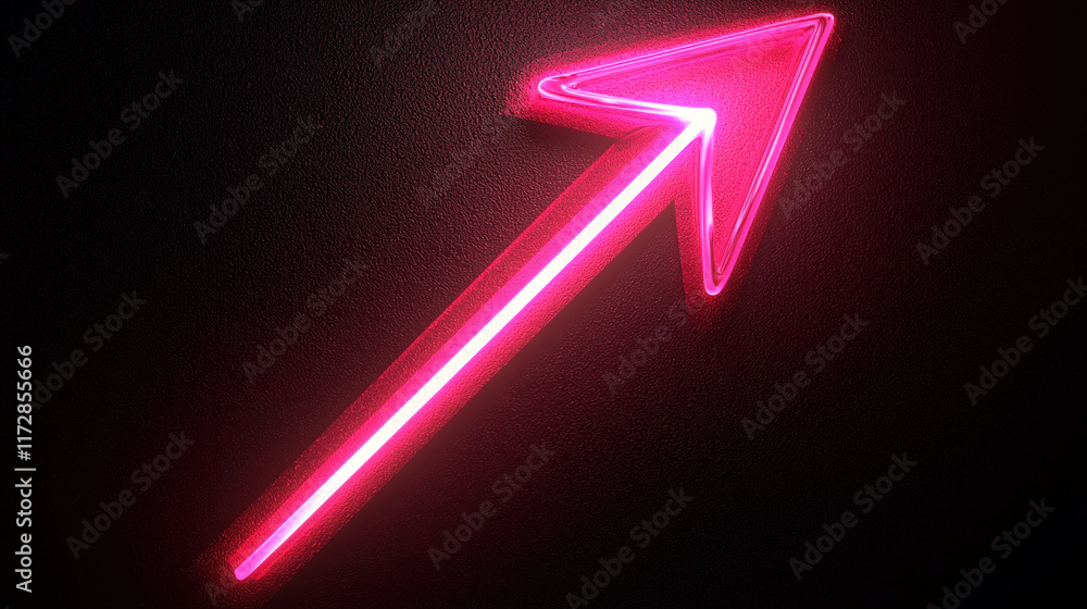 Glowing neon arrow pointing up-right on dark textured wall, upward trend Glowing neon arrow pointing up-right on dark textured wall, upward trend