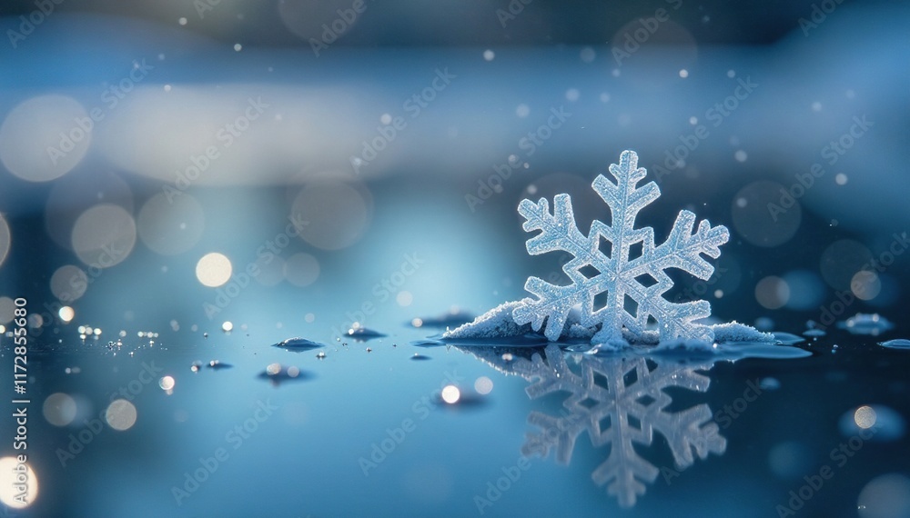 Fototapeta premium delicate snowflake floats on surface of frozen pond, frosty, snowflakes