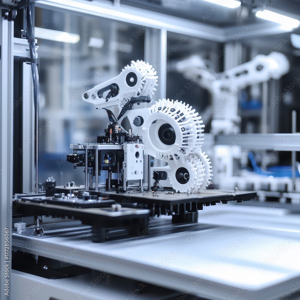 Fototapeta premium 3Dprinted robotic components in hightech assembly lab, 3D printing, AI integration