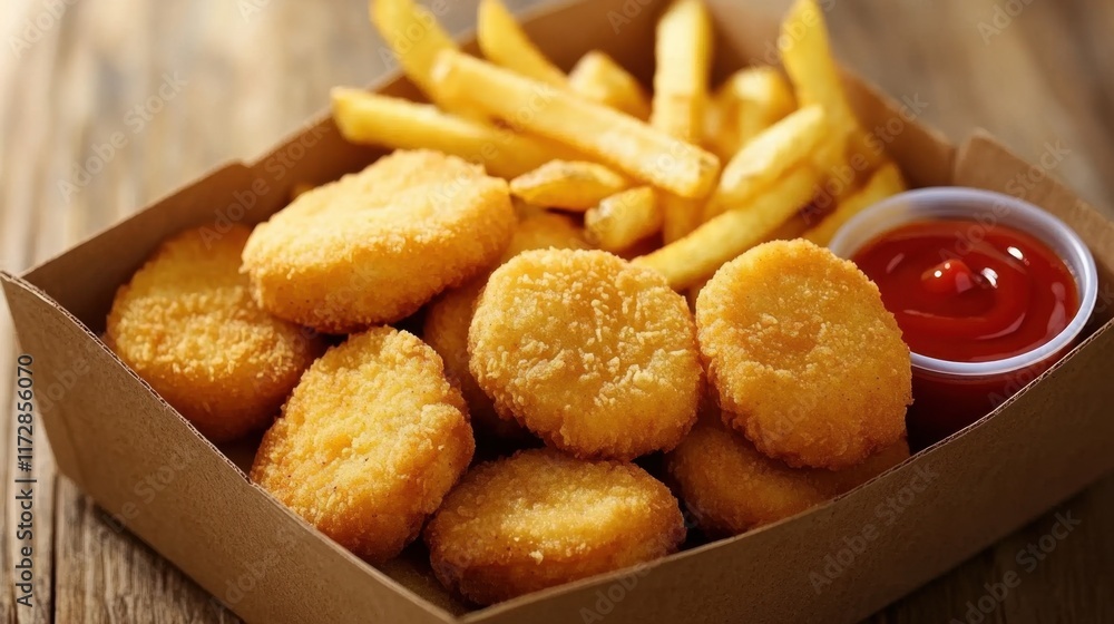 Naklejka premium Crispy Chicken Nuggets with Fries and Ketchup in Takeout Box