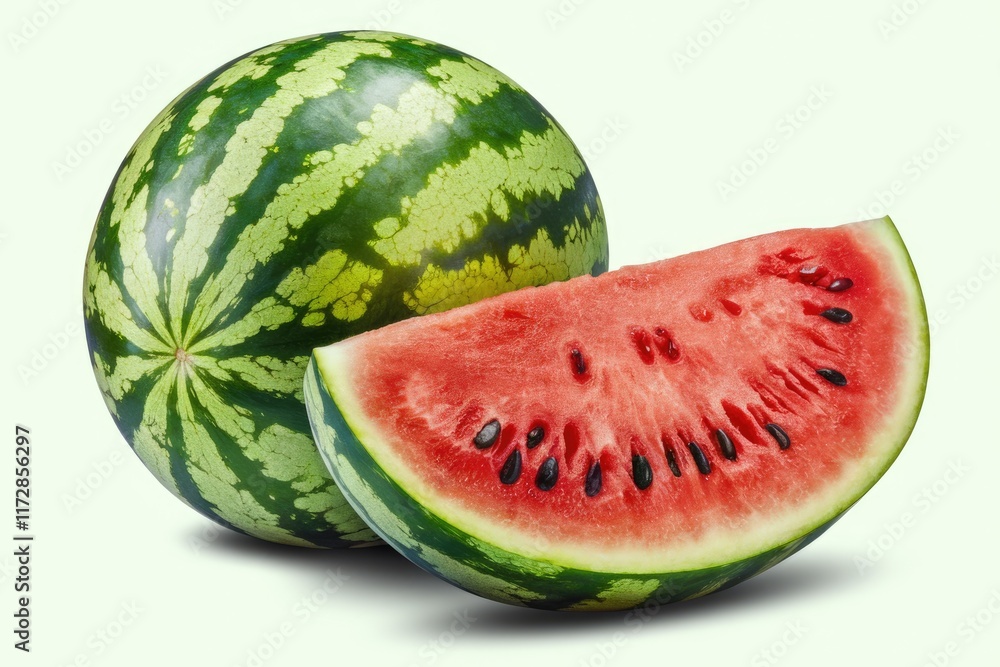 A juicy watermelon, sliced to reveal its vibrant red flesh and dark seeds, is ready to be enjoyed. A juicy watermelon, sliced to reveal its vibrant red flesh and dark seeds, is ready to be enjoyed.