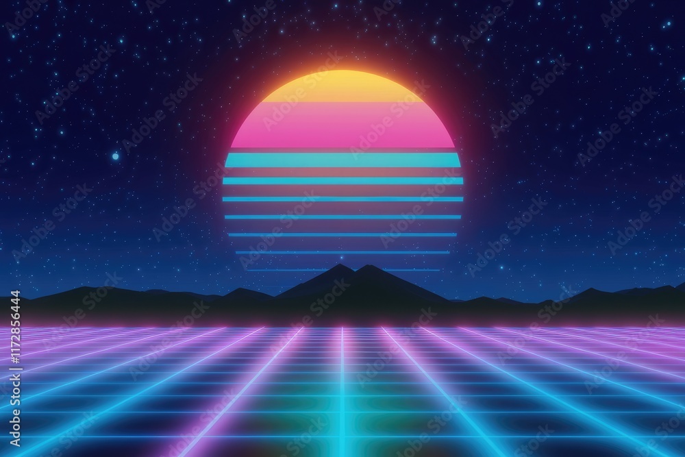 Retro 80s synthwave landscape with a vibrant sunset, gridded ground, and starry night sky. Retro 80s synthwave landscape with a vibrant sunset, gridded ground, and starry night sky.