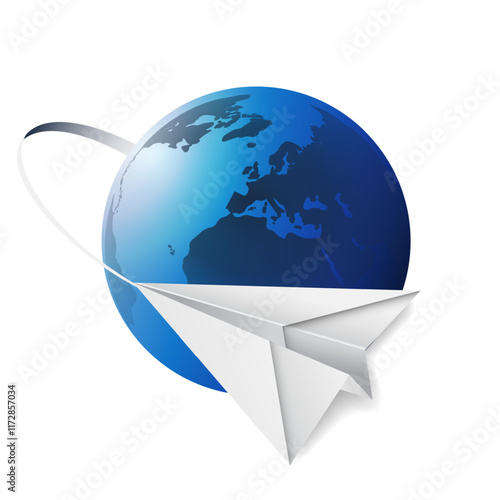 Traveling Around the World - Aviation, Travel by Airplane Concept - Earth Globe Design with Paper Plane, Isolated on White Background