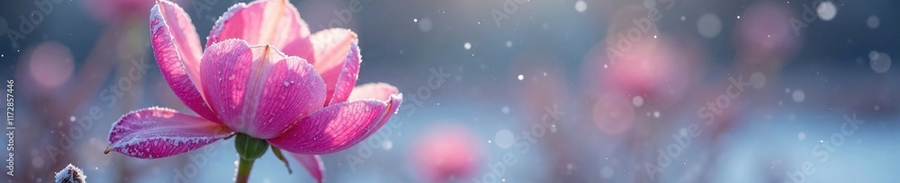 Delicate pink petals unfolding in the frosty air, flower, frosty, frozen Delicate pink petals unfolding in the frosty air, flower, frosty, frozen