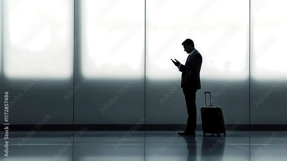 Fototapeta premium Tourist reading map on smartphone next to rolling suitcase, casual pose, conveying digital navigation, book illustration style