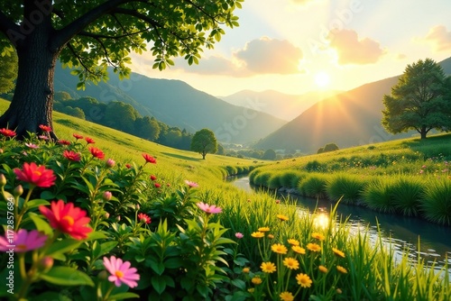 Descripci?n de un paisaje iluminado por el sol con praderas verdes y flores silvestres brillantes, naturaleza, nubes