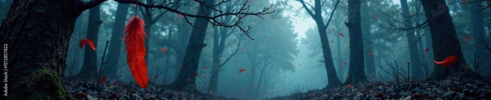 Eerie Forest Scene with Red Feathers hanging from trees, branches, mysterious, dark Eerie Forest Scene with Red Feathers hanging from trees, branches, mysterious, dark