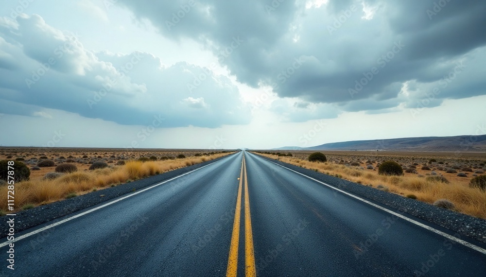 Empty asphalt road stretching into the distance, cloudy sky, landscape, empty space Empty asphalt road stretching into the distance, cloudy sky, landscape, empty space