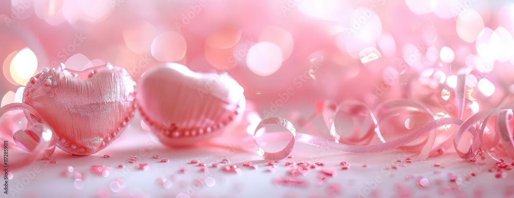 Romantic decoration with sparkling pink hearts and ribbons creating a dreamy atmosphere for love celebration Romantic decoration with sparkling pink hearts and ribbons creating a dreamy atmosphere for love celebration