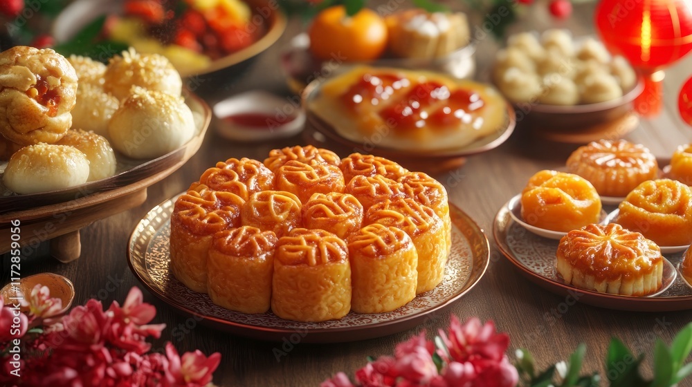 custom made wallpaper toronto digitalDelicious mooncakes and assorted pastries on a festive table.