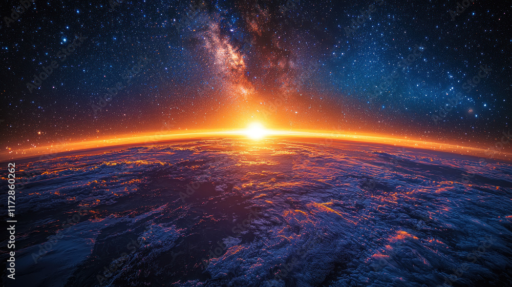 Earth sunrise with Milky Way galaxy, atmospheric cloudscape, space background wallpaper Earth sunrise with Milky Way galaxy, atmospheric cloudscape, space background wallpaper