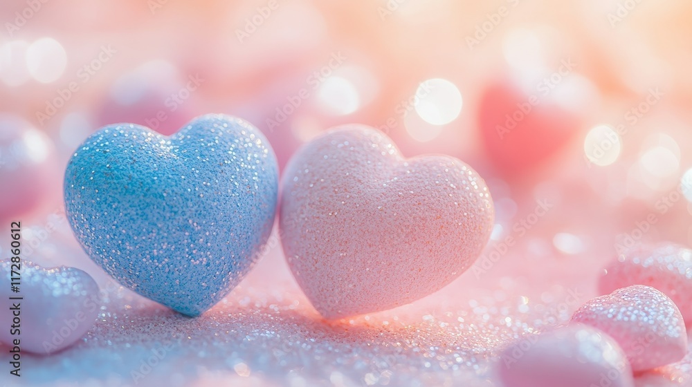 Obraz premium Pastel Romance Pink and Blue Glitter Hearts on Sparkling Background with Soft Focus and Bokeh