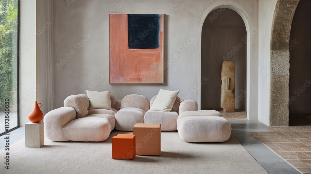Fototapeta premium Generative AI, Minimalist living room with a blush modular sofa and bold orange accents