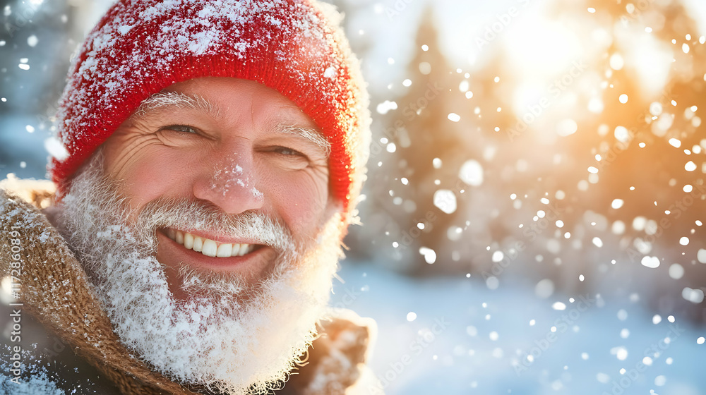Happy senior man smiles in snowy winter forest, sunlight background; ideal for winter holiday, seasonal, or health & wellness campaigns Happy senior man smiles in snowy winter forest, sunlight background; ideal for winter holiday, seasonal, or health & wellness campaigns