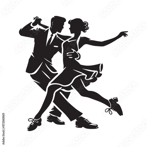 Lindy Hop Silhouette Vector Illustration, Solid White Background.