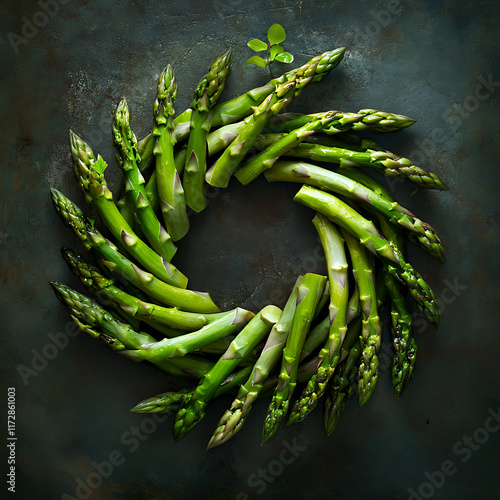 Fresh asparagus spears arranged in a spiral pattern on a dark stone surface, with a subtle play of light and shadow emphasizing the textures 