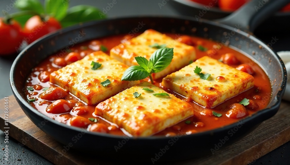 Pan-seared paneer cheese in a rich tomato sauce, melted cheese, creamy tomato sauce, home cooked meal Pan-seared paneer cheese in a rich tomato sauce, melted cheese, creamy tomato sauce, home cooked meal