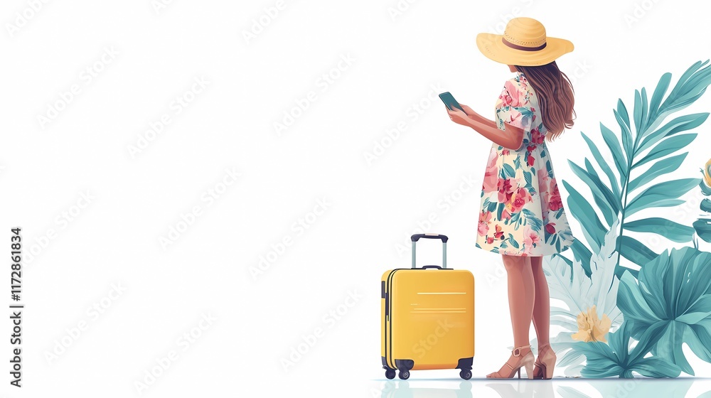 Traveler holding a phone with suitcase, modern tourism stock concept. Traveler holding a phone with suitcase, modern tourism stock concept.