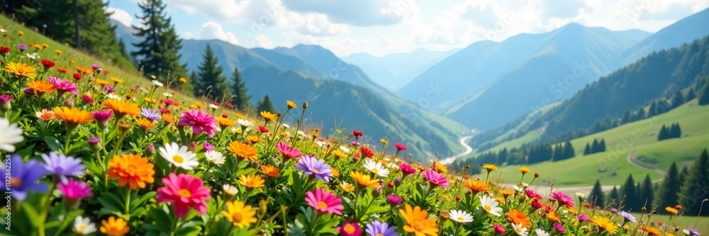 Obraz premium A profusion of colorful flowers scattered across a mountain meadow, bloom, color