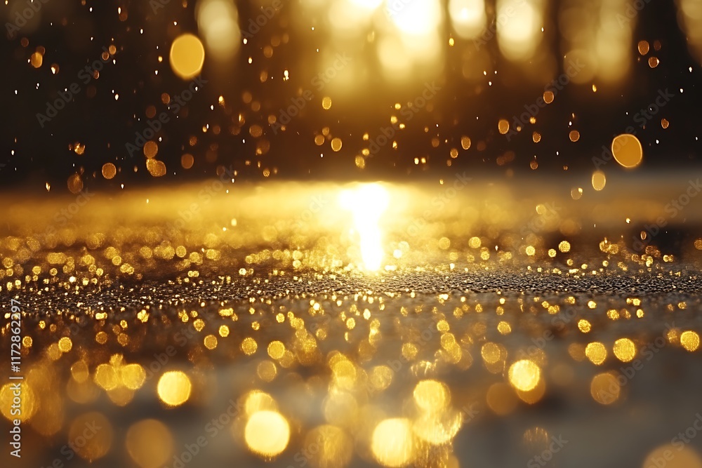 Golden bokeh sparkles on wet ground at sunset. Golden bokeh sparkles on wet ground at sunset.