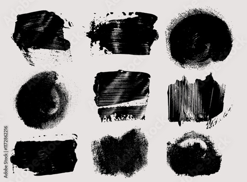 Set of brush strokes bundle. Vector collection of paintbrush. Black round text boxes and grunge blotches. Splatters elements. Dirty distress texture banners. Ink painted shapes dry brush on canvas.