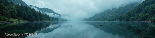 The Bystricka reservoir's surface is mirror-like smooth as rain pours down from the darkened sky, natural scenery, gentle rain photo