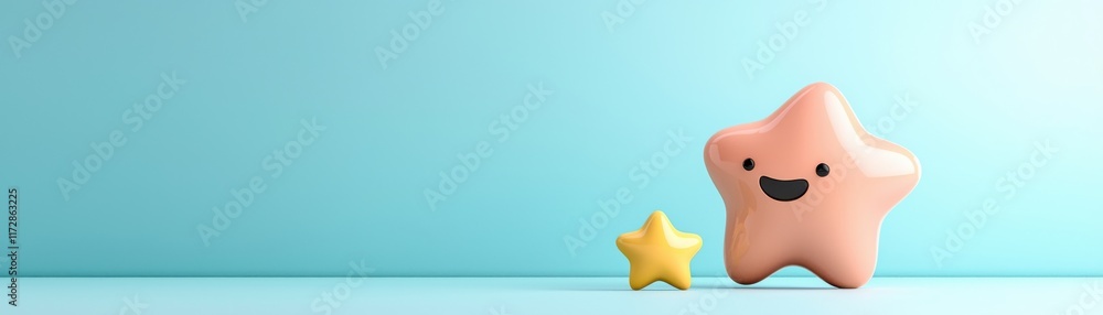 A cute starfish character stands next to a small yellow star on a light blue background, creating a playful and cheerful scene. A cute starfish character stands next to a small yellow star on a light blue background, creating a playful and cheerful scene.