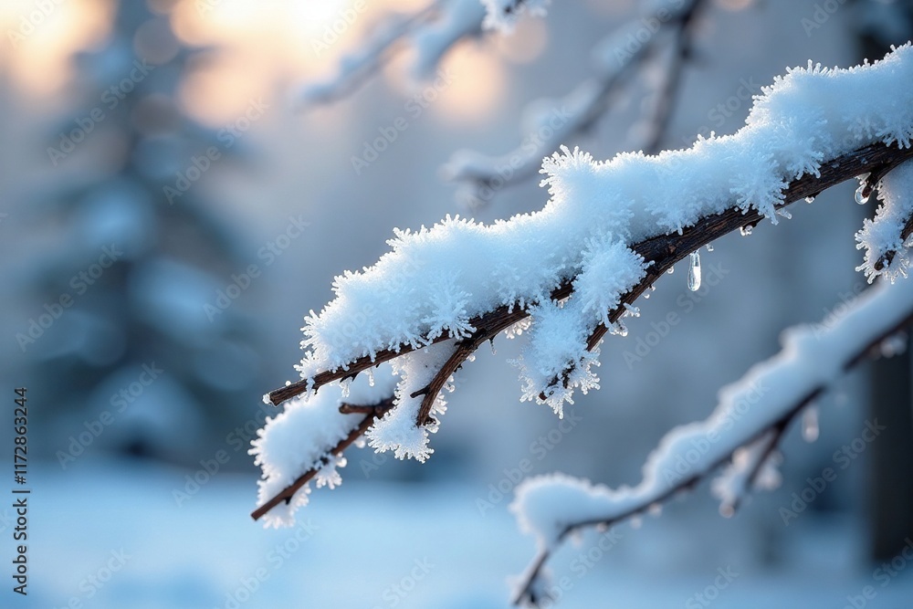 A snow-covered tree branch with delicate frost, nature, serene, landscape A snow-covered tree branch with delicate frost, nature, serene, landscape
