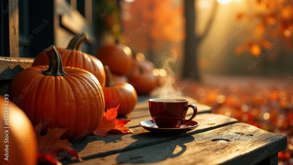 Fototapeta premium A rustic autumn setting with a pumpkin patch, orange and red leaves on the trees, and a cup of hot cider resting on a porch step