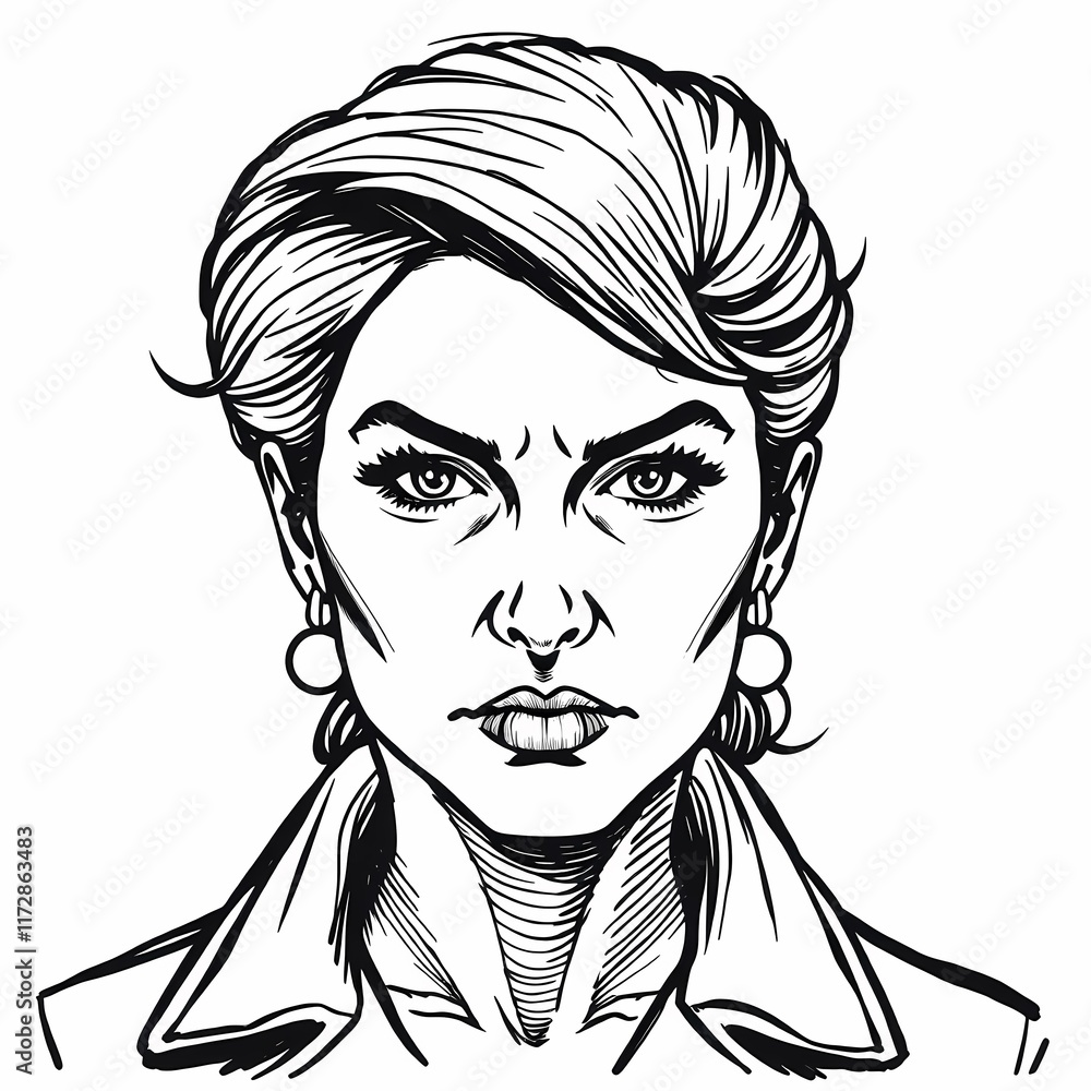 Strong Female Portrait: Black and white illustration of a determined woman with intense gaze, short hair, and earrings. A powerful image representing strength, confidence, and leadership. Strong Female Portrait: Black and white illustration of a determined woman with intense gaze, short hair, and earrings. A powerful image representing strength, confidence, and leadership.