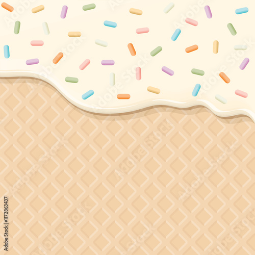 Melted vanilla ice cream with colorful sprinkles sugar topping pouring on ice cream cone texture square background graphic illustration.