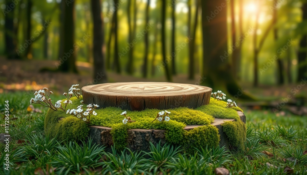 A Natural Wooden Circular Pedestal Surrounded by Vibrant Green Moss and Clusters of Delicate White Flowers on a Grassy Surface - Perfect for Nature and Landscaping Imagery A Natural Wooden Circular Pedestal Surrounded by Vibrant Green Moss and Clusters of Delicate White Flowers on a Grassy Surface - Perfect for Nature and Landscaping Imagery