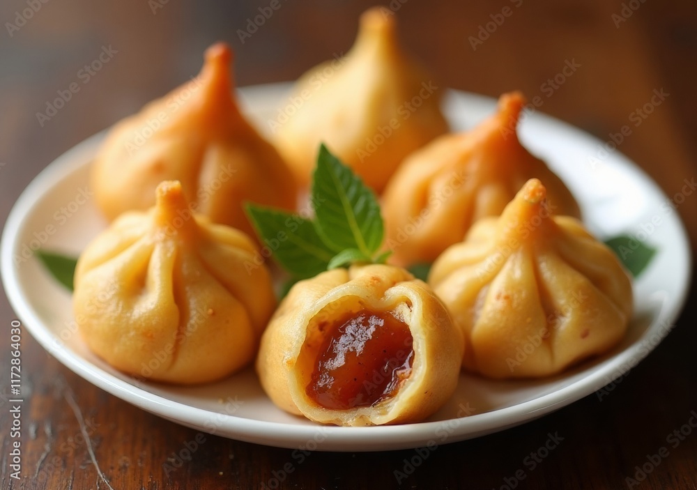 Delicious homemade sweet dumplings served on a plate with fresh leaves Delicious homemade sweet dumplings served on a plate with fresh leaves