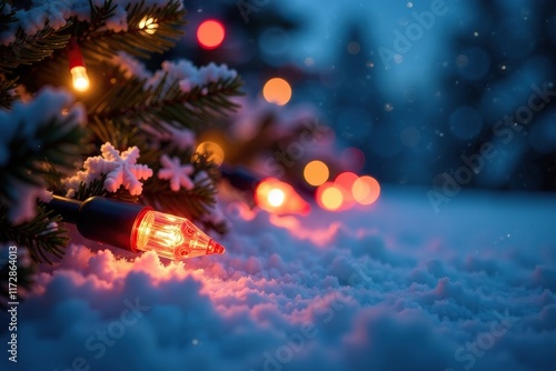 Decorated row of Christmas lights with snowflakes, snowy landscape, holiday cheer photo