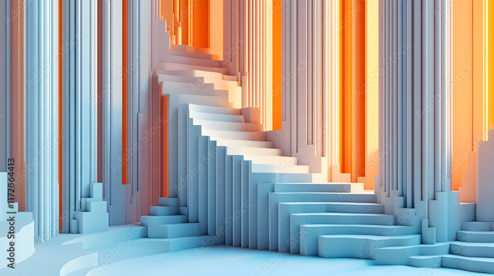 Abstract architectural rendering of a stairway ascending amidst pastel blue and orange columns, creating a surreal and futuristic atmosphere. Abstract architectural rendering of a stairway ascending amidst pastel blue and orange columns, creating a surreal and futuristic atmosphere.