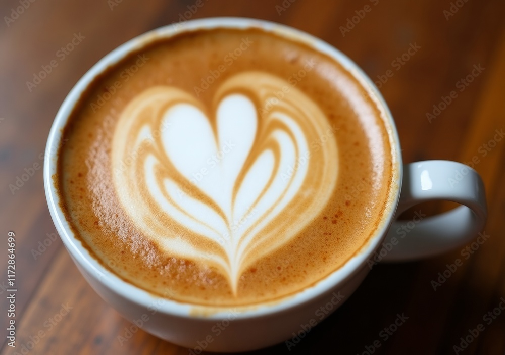 Warm coffee with heart-shaped latte art served in a cozy cafe setting Warm coffee with heart-shaped latte art served in a cozy cafe setting