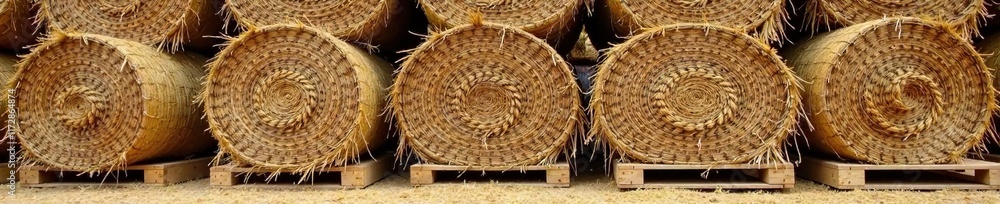 Bundles of wheat straw bales stacked on a wooden pallet, bale, farm life, agriculture Bundles of wheat straw bales stacked on a wooden pallet, bale, farm life, agriculture