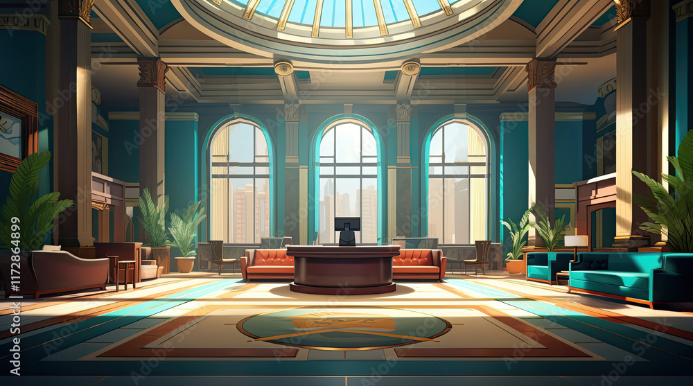 An illustration of a bank interior
